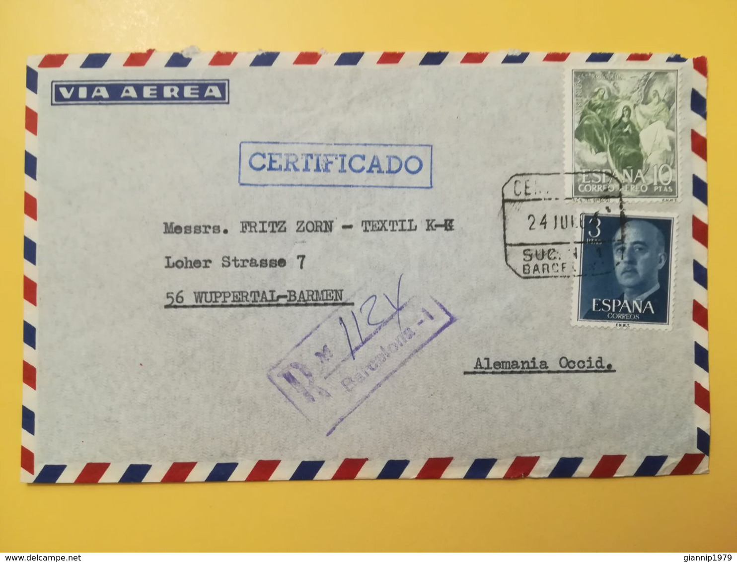1964 BUSTA INTESTATA RACCOMANDATA SPAGNA ESPANA BOLLO AIRMAIL PAINTINGS ANNULLO OBLITERE' BARCELONA CERTIFICADO - Covers & Documents