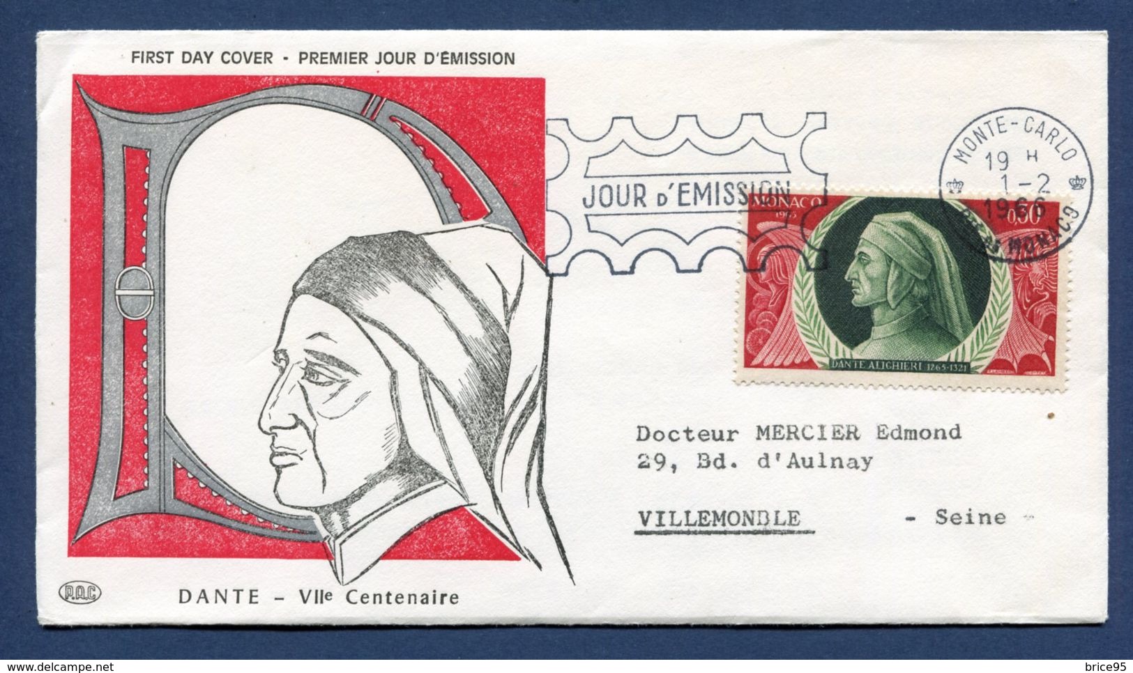 Monaco - Premier Jour - FDC - Dante - 1966 - FDC