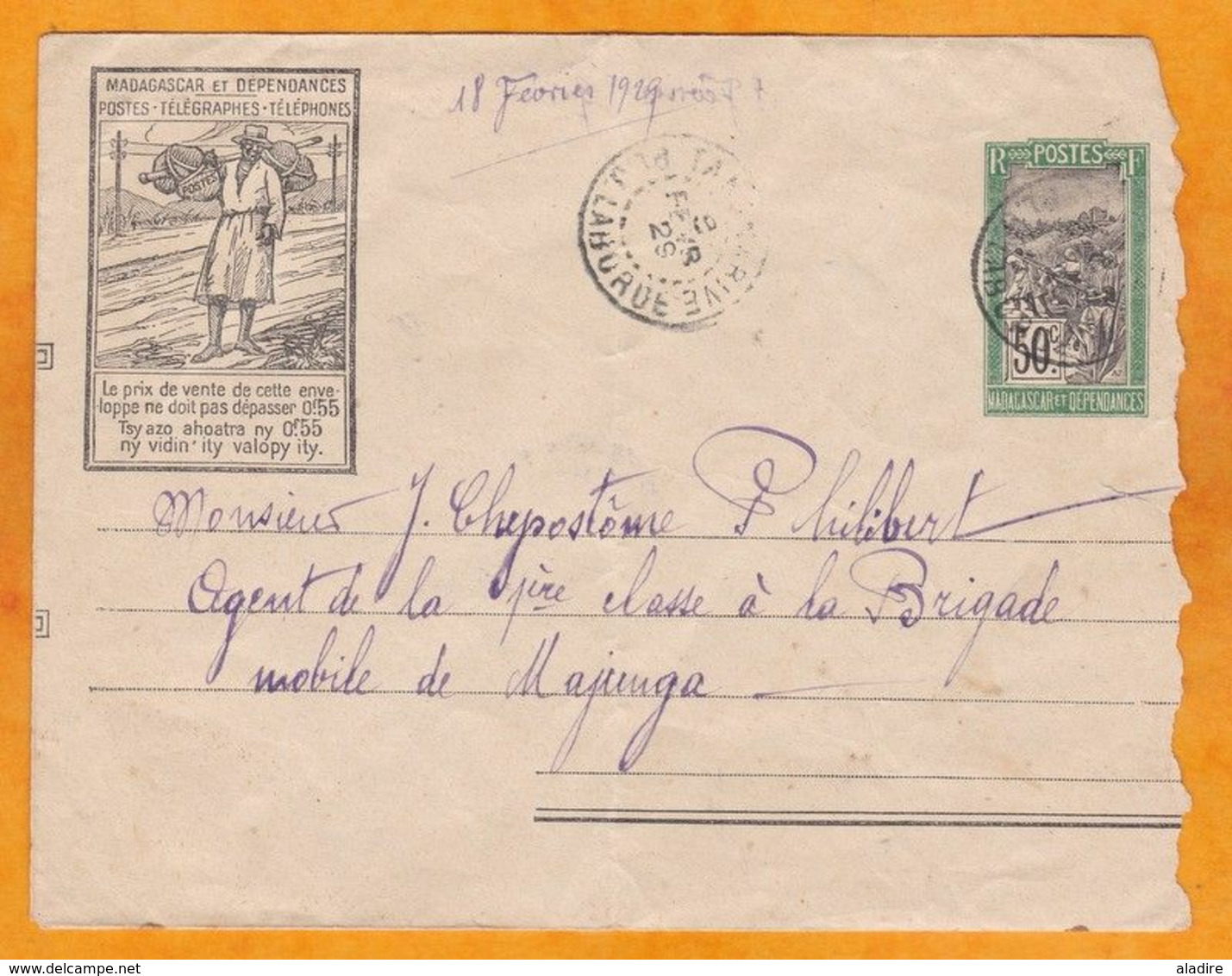 1929 - Enveloppe Entier Postal 50 C Illustré De Tananarive Vers Majunga, Madagascar - Cad Arrivée - Covers & Documents