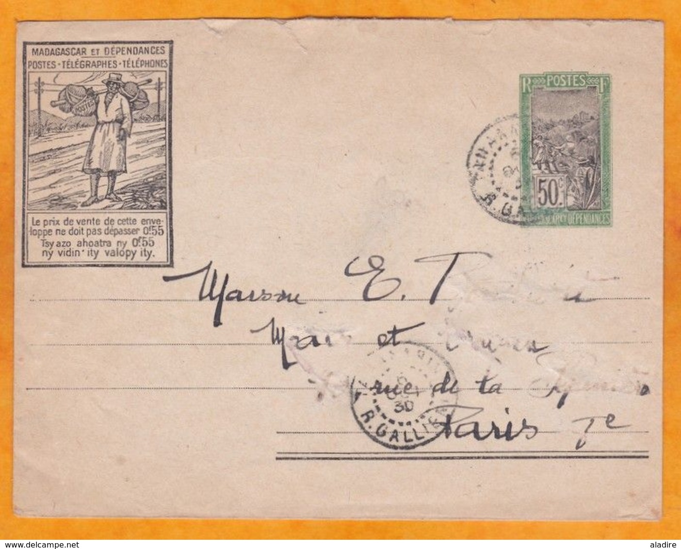 1930 - Enveloppe Entier Postal 50 C Illustré Scellée De Tananarive Vers Paris - Cad Arrivée - Briefe U. Dokumente