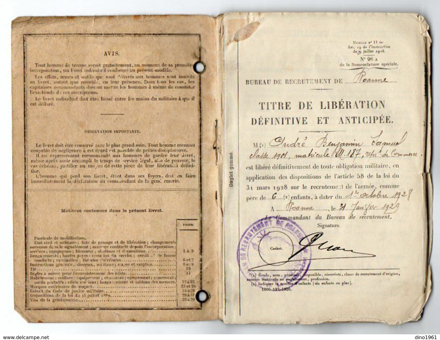 VP17.217 - MILITARIA - NIMES 1902 / ROANNE 1929 - Livret Militaire Du Soldat B. ANDRE Au 40 ème Rgt D'Infanterie - Documents