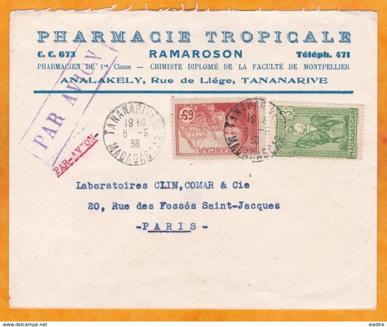 1938 - Enveloppe PAR AVION De Tananarive Vers Paris - Affrt  3f 65 Laborde Et Galiéni - Cad Arrivée - Lettres & Documents