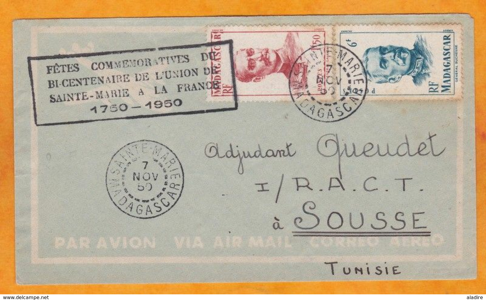 1950 - Enveloppe PAR AVION De Sainte Marie Madagascar Vers Sousse, Tunisie - Union Ste Marie Et France - Lettres & Documents