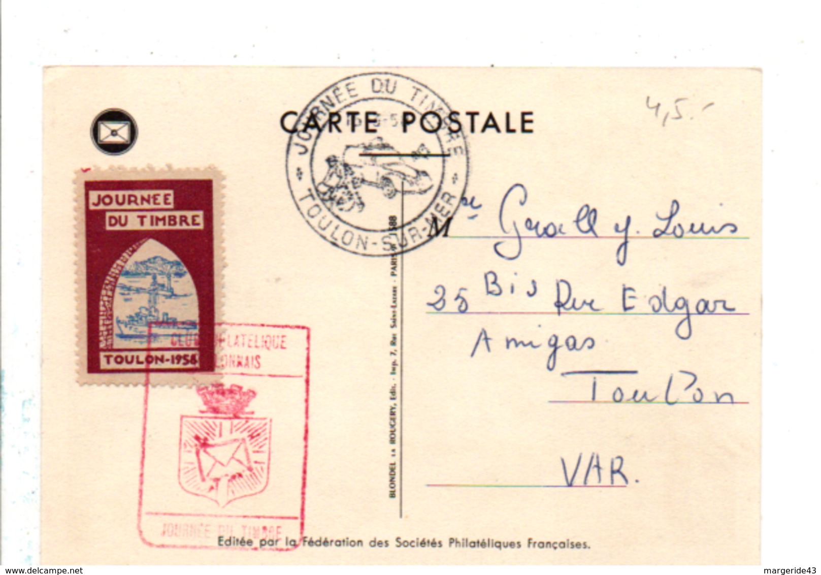 CARTE MAXIMUM 1958 JOURNEE DU TIMBRE - TOULON  2 CV CITROEN VIGNETTE ERONNI AU DOS - 1950-1959