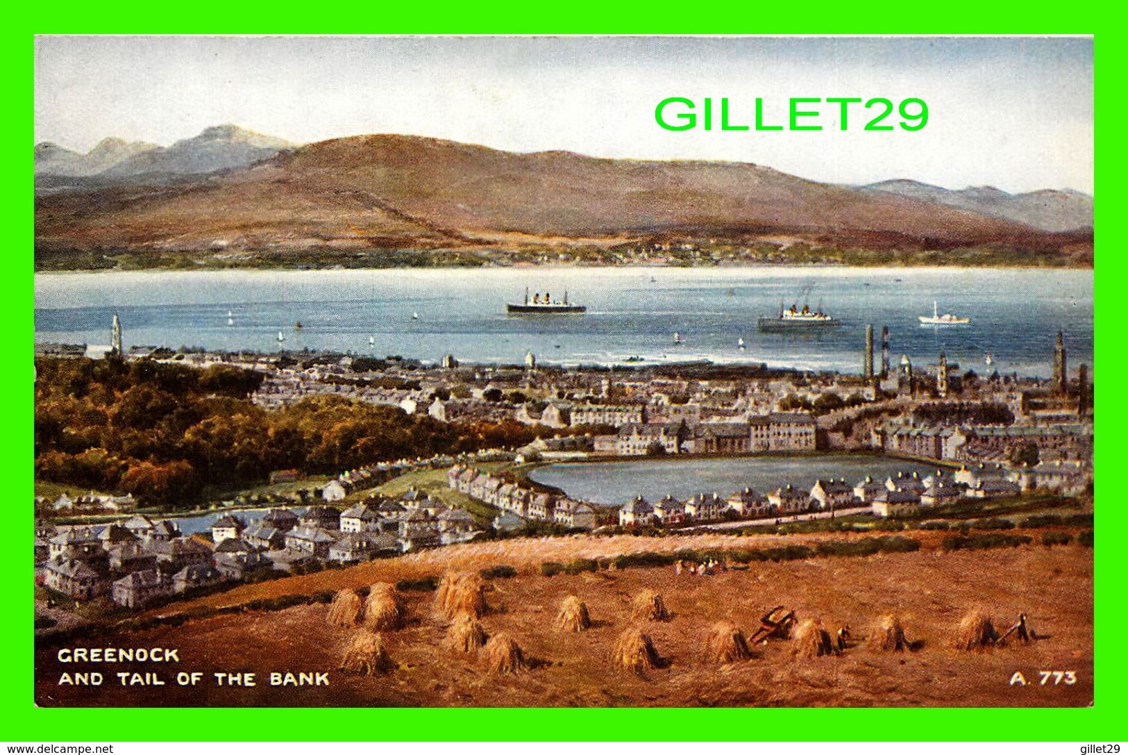 GREENOCK, SCOTLAND - VIEW OF GREENOCK AND TAIL OF THE BANK - VALENTINE'S - WRITTEN IN 1943 - WATER COLOUR BRIAN GERALD - - Renfrewshire