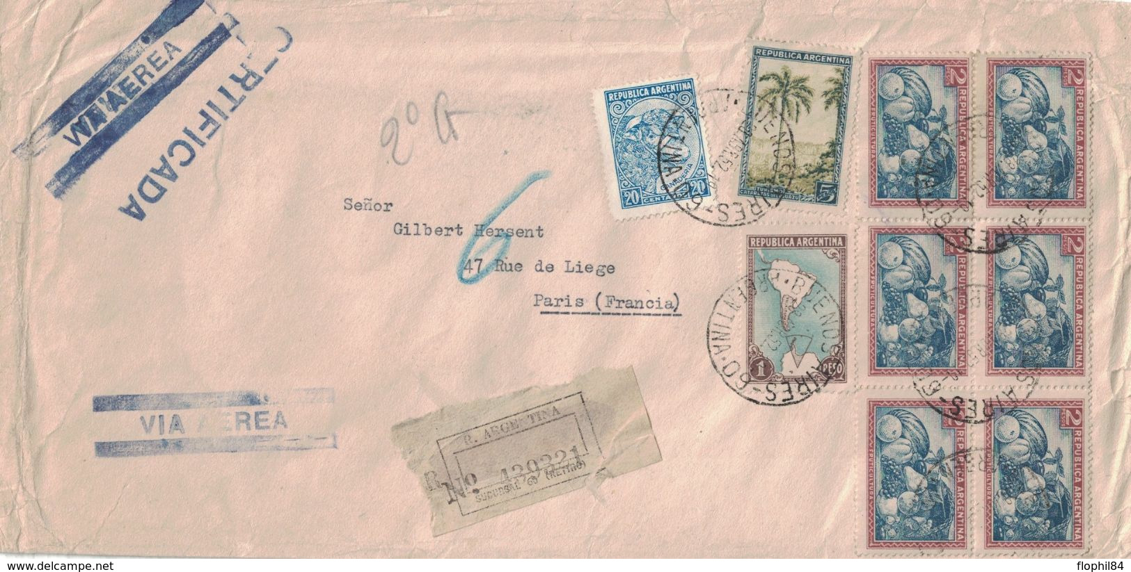 ARGENTINE - BUENOS AIRES - LETTRE RECOMMANDEE AVION POUR PARIS -  BEL AFFRANCHISSEMENT AVEC 9 TIMBRES EN 1952. - Cartas & Documentos