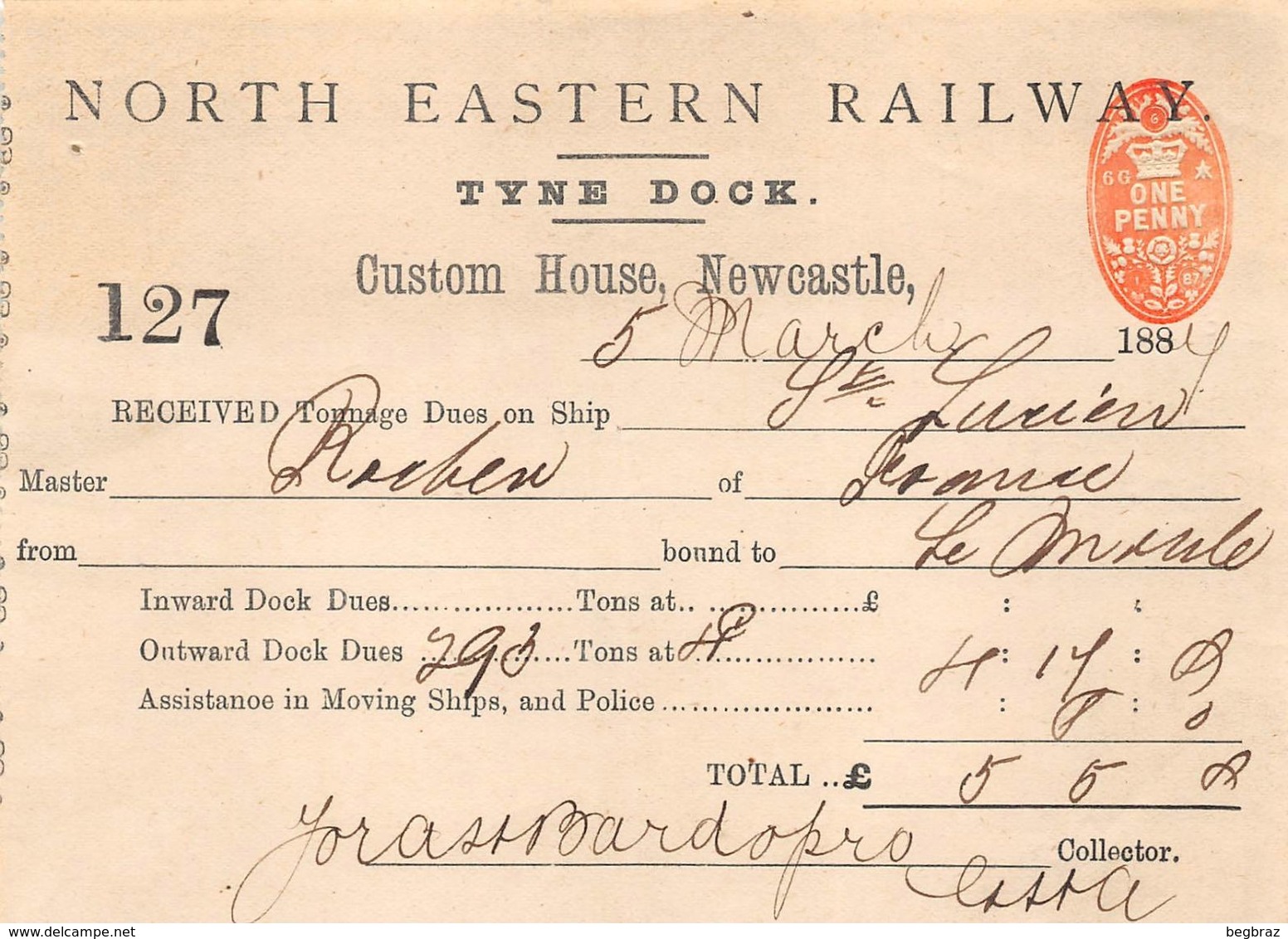NORTH EASTERN RAILWAY TYNE DOCK RECU  1884  3 MATS ST LUCIEN  CAPITAINE ROCHER - Royaume-Uni