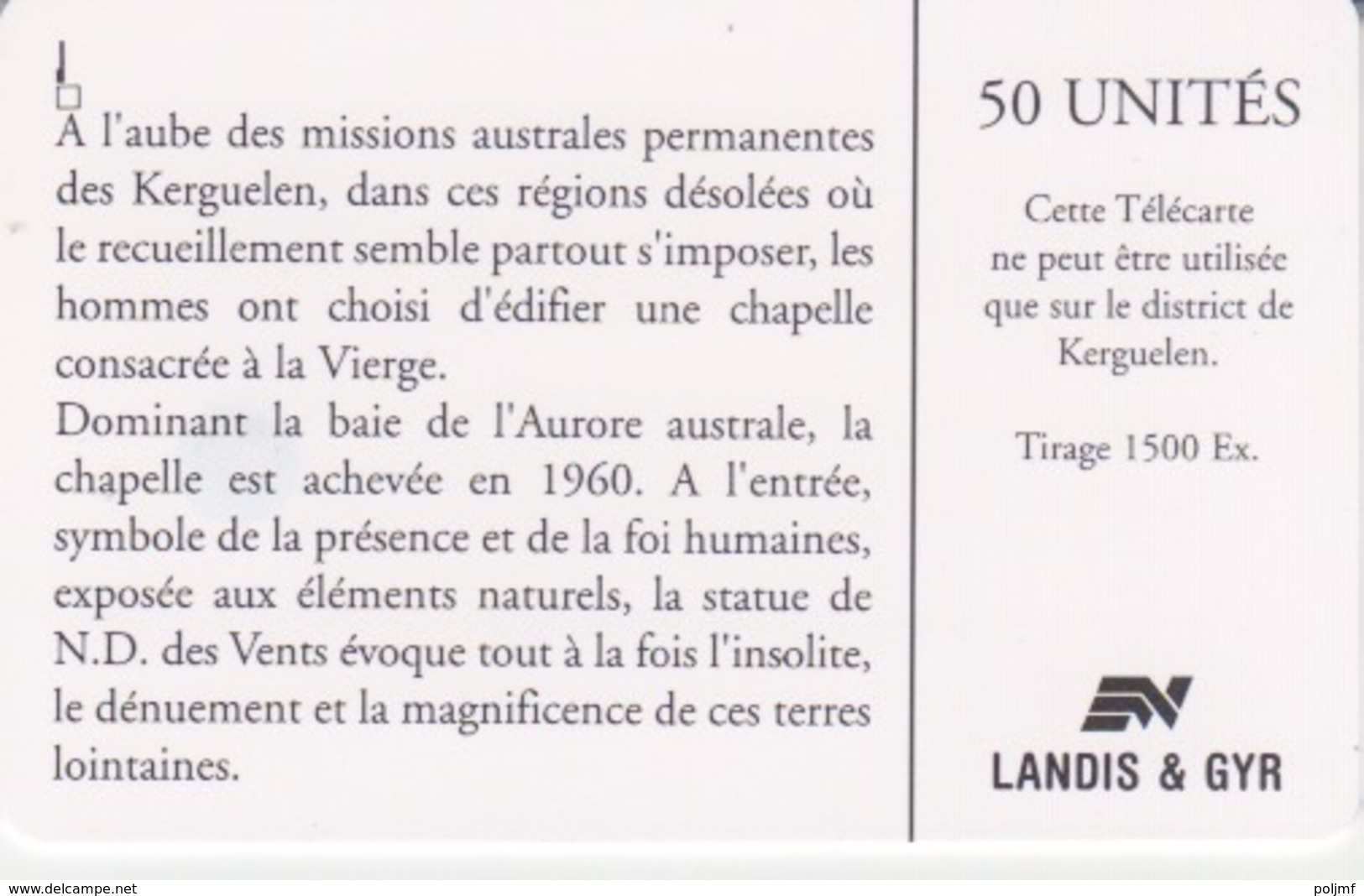 Télécarte 50U, Tirage 1500, Notre Dame Du Vent (Logo Au Coin Opposé) - TAAF - Territori Francesi Meridionali