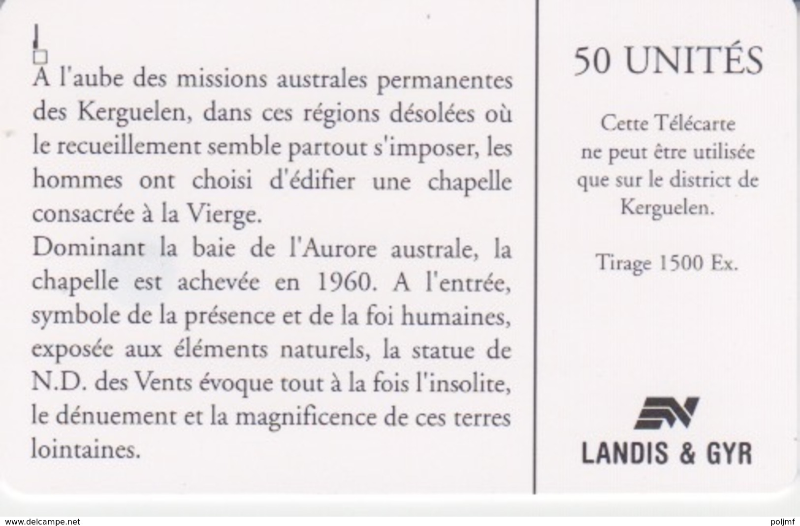 Télécarte 50U, Tirage 1500, Notre Dame Du Vent (Logo Au Coin Opposé) - TAAF - Franse Zuidpoolgewesten