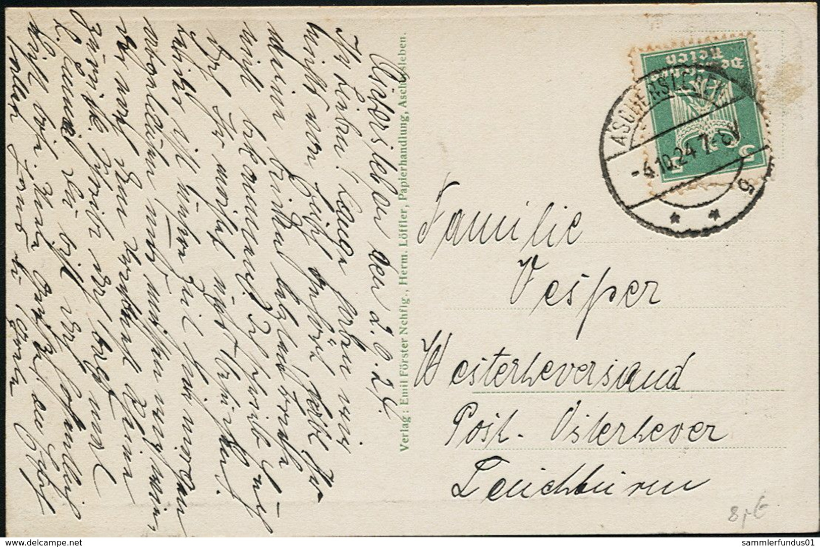 AK/CP Aschersleben  Postberg     Gel./circ. 1924   Erh./Cond.  2 ,    Nr. 01119 - Aschersleben