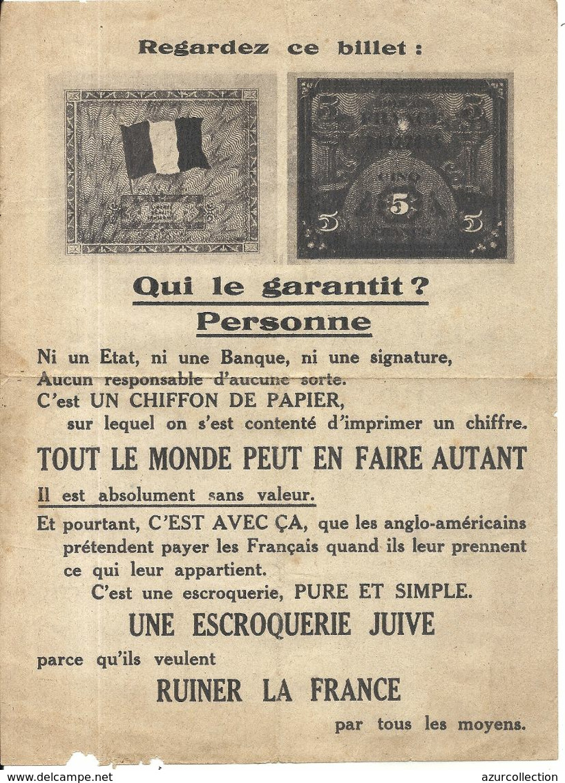 TRACT 39/45 . FIN DE GUERRE . BILLETS LIBERATION . ESCROQUERIE JUIVE - Documents Historiques