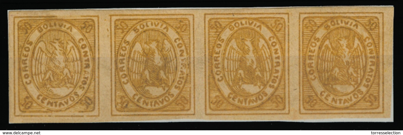 BOLIVIA. 1867-8. Yv 5 (*) (4). 50c Yellow Horiz Strip Pf 4 Full Margins. VF. Occasion! - Bolivien