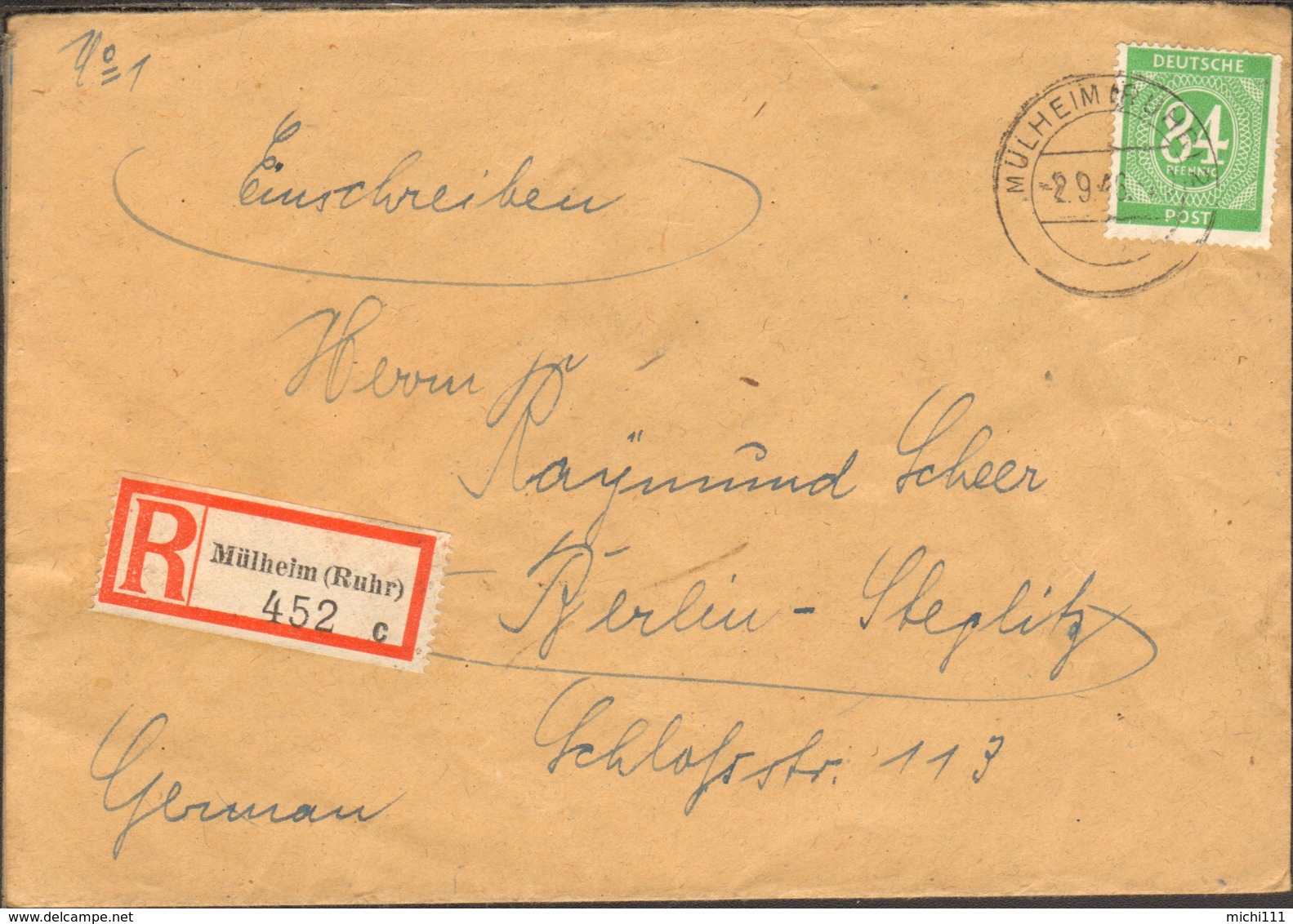 Alli.Bes.84 Pfg.Ziffer Auf Einschreiben-Fernbrief V.1948 Aus Mülheim (Ruhr), Ankunft-Stempel - Other & Unclassified