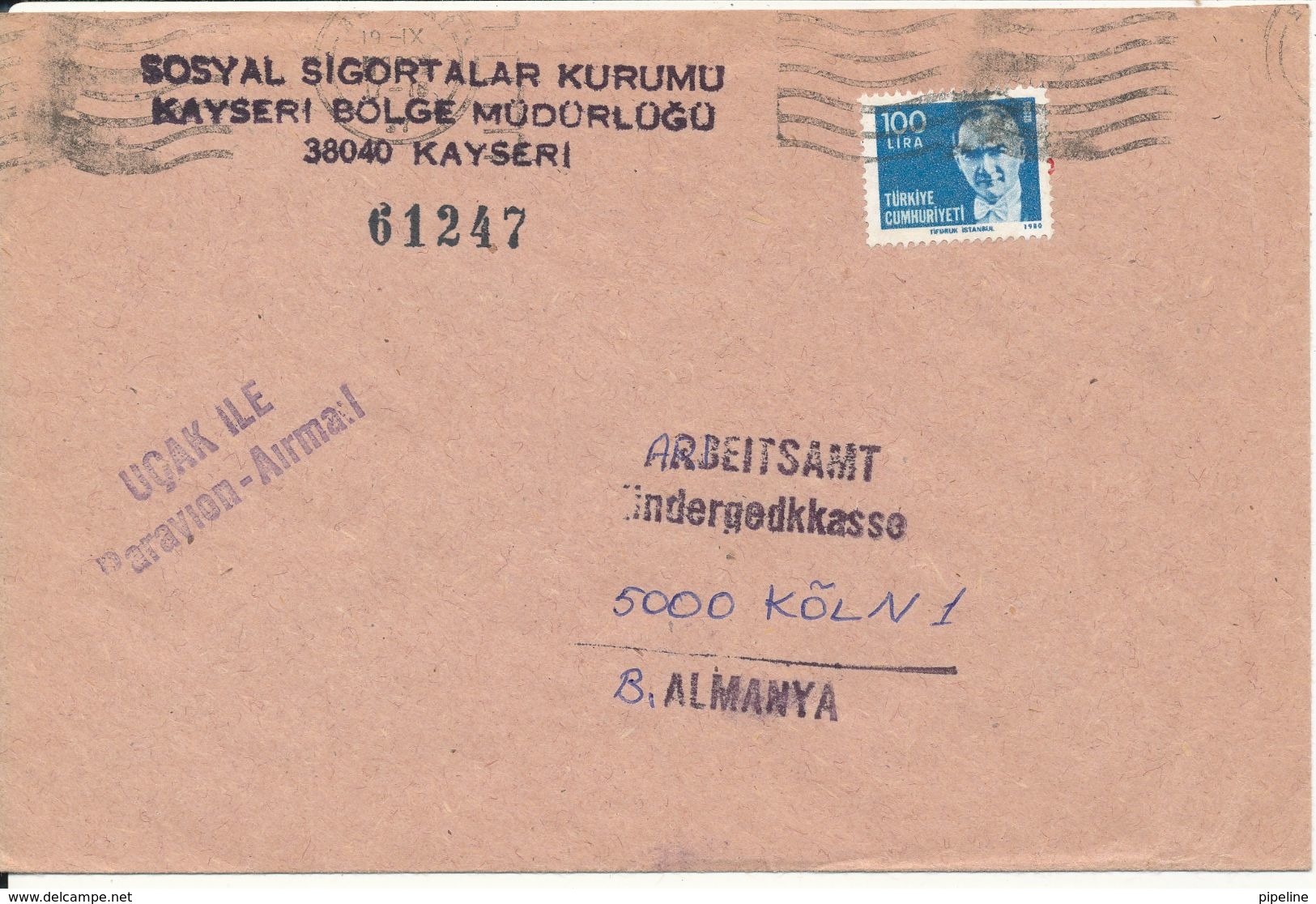 Turkey Cover Sent Air Mail To Germany Single Franked - Lettres & Documents