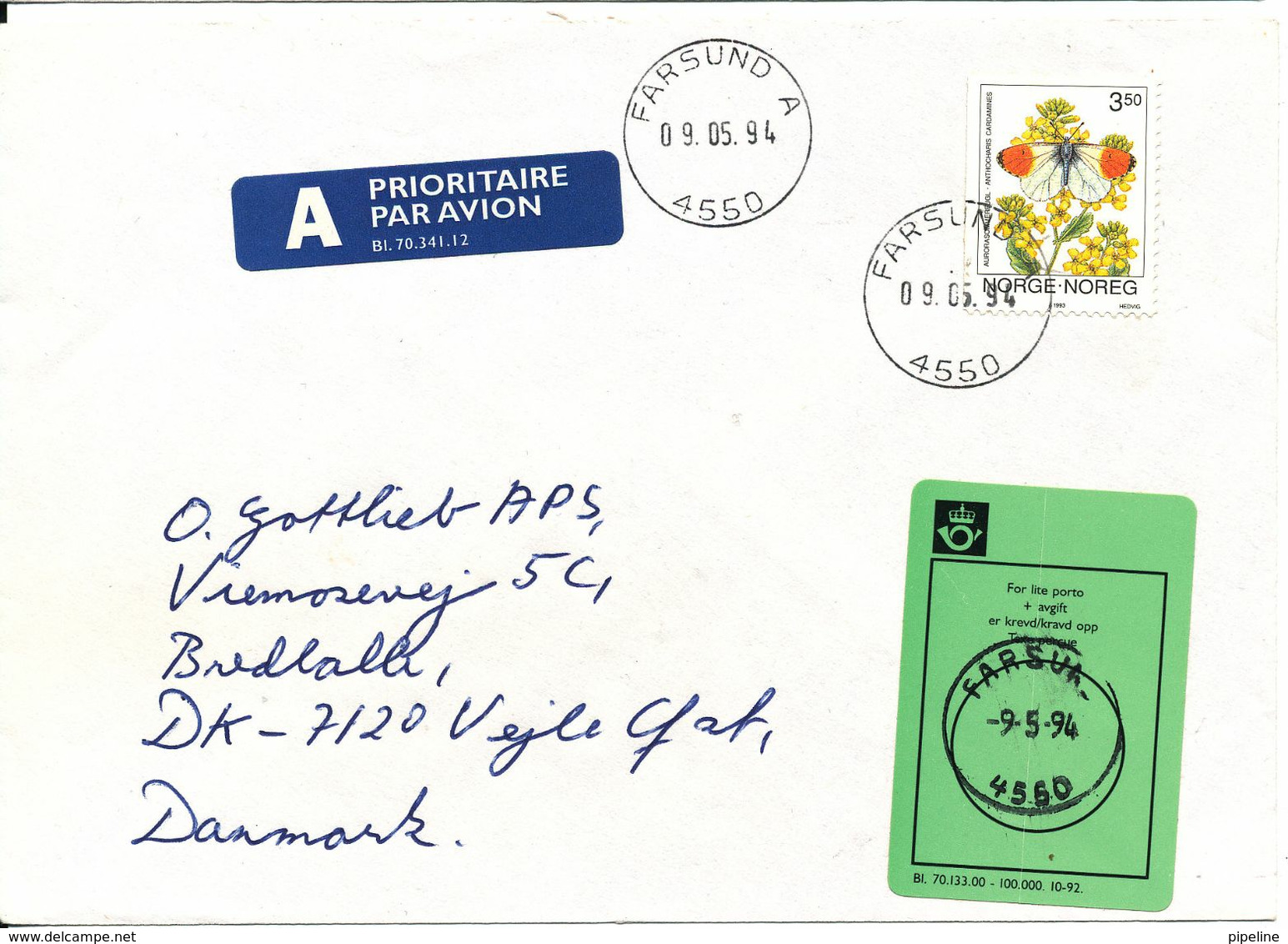 Norway Cover Underpaid Sent To Denmark Farsund 9-5-1994 - Briefe U. Dokumente