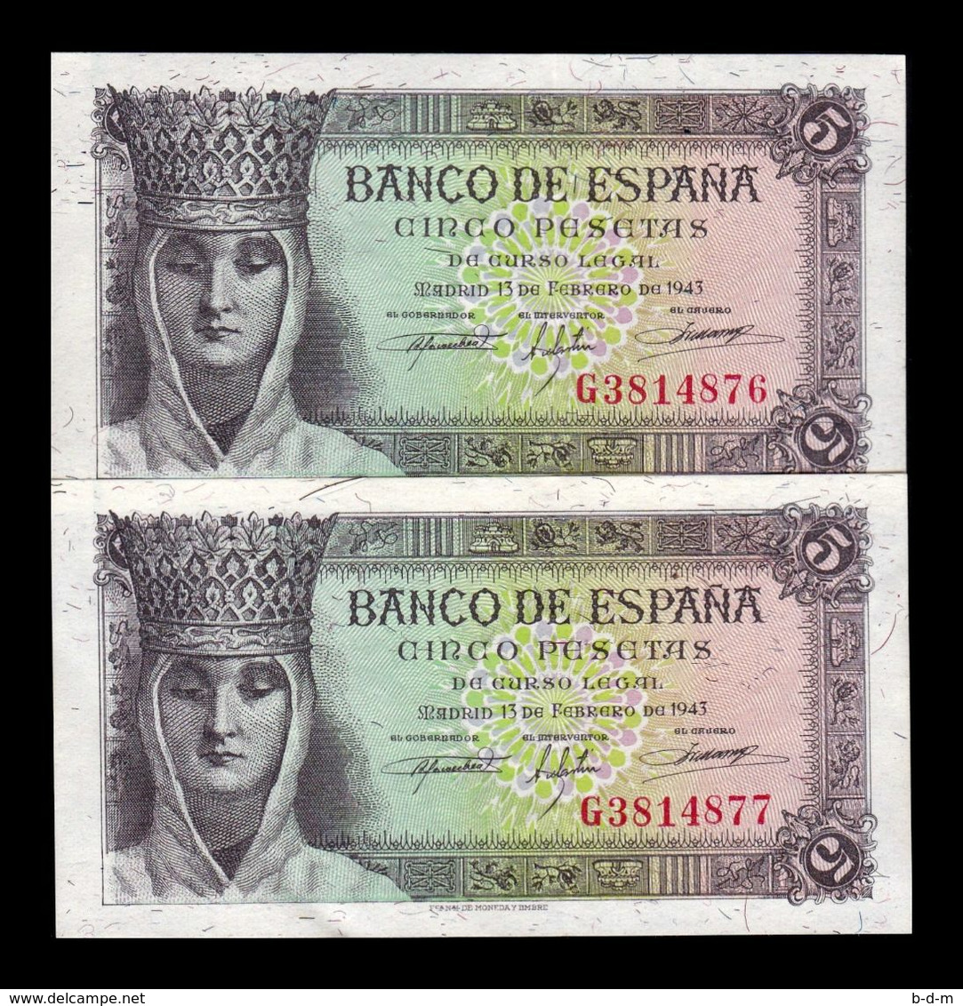 España Spain Pareja 5 Pesetas Queen Isabel I 1943 Pick 127 Serie G EBC/+ XF/+ - 5 Peseten