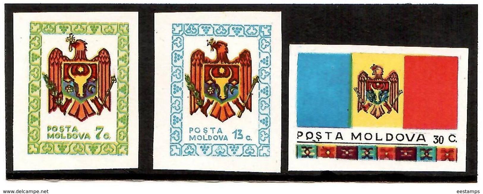 Moldova 1991 . Independence (Flag & COA, Imperf). 3v: 7c,13c,30c. Michel # 1-3 - Moldova