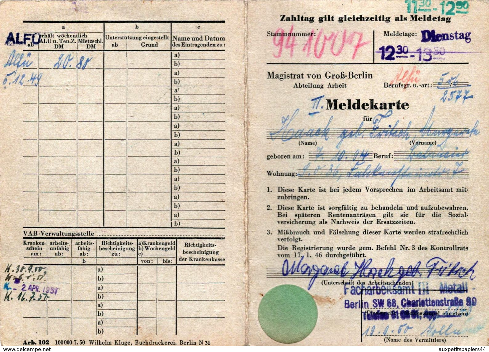 Meldekarte Für Haack Zahltag Gilt Gleichzeitig Als Meldetag - Documentos Históricos