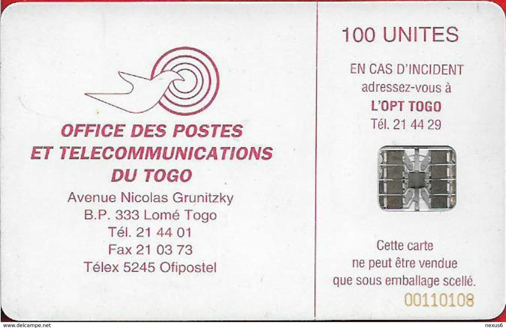 Togo - OPTT (Chip) - Togopac #2 (Chip On Reverse), SC7, 100Units, Used - Togo