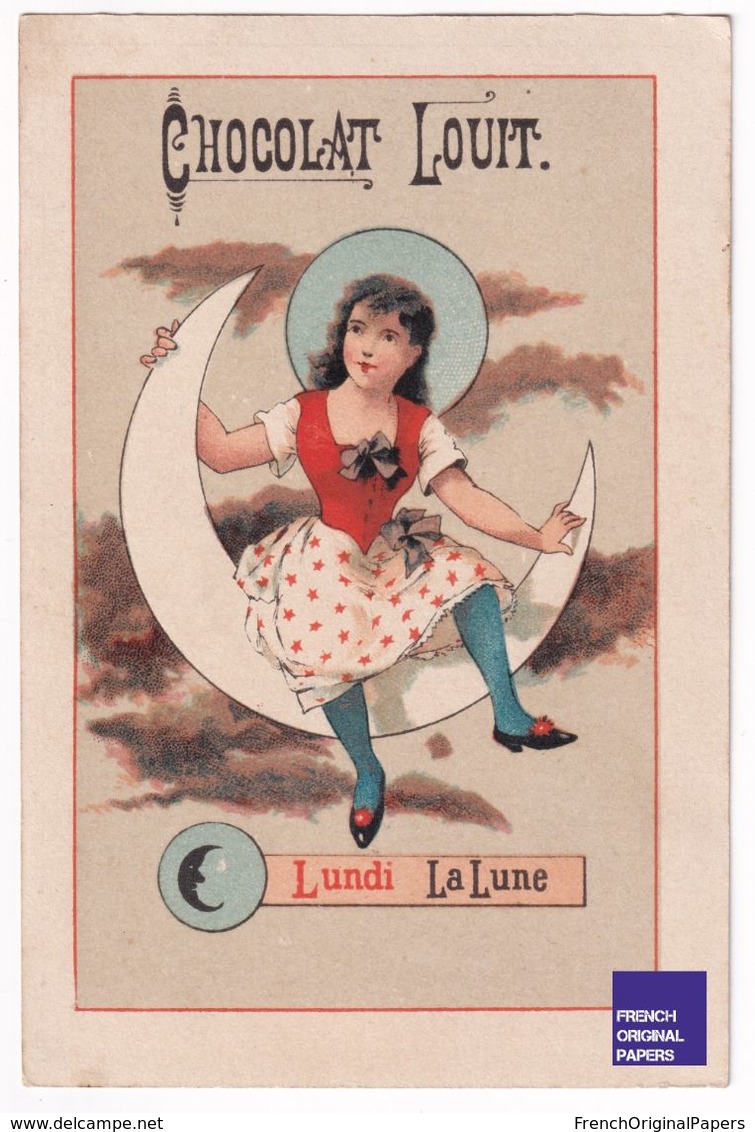 Rare Chromo Lith. Courbe Rouzet - Publicité Semaine Jour Lundi Planète Lune Astrologie Petit Fille Robe Fillette A39-22 - Louit