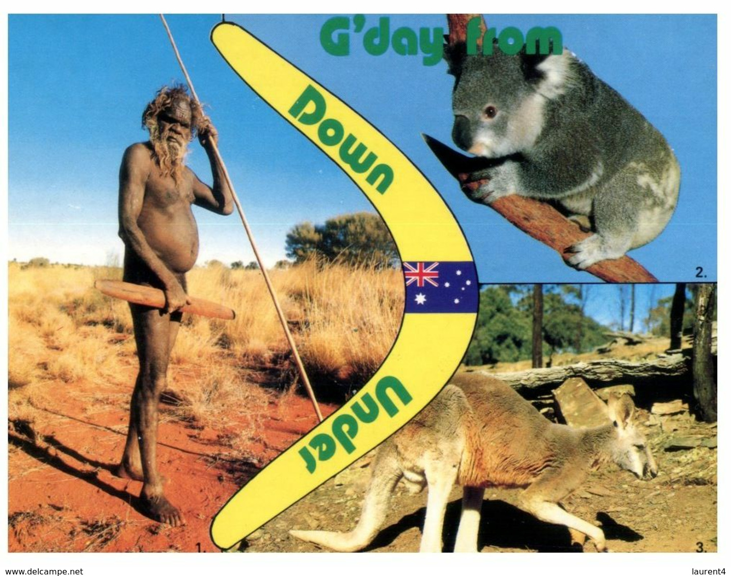 (E 16) Australia - Boomerang With Aboriginal Men, Kangaroo & Koala - Aborigeni