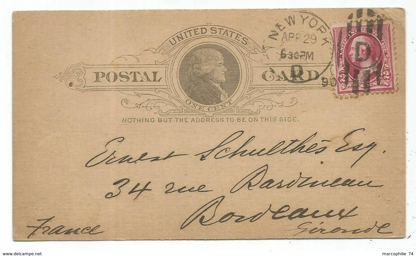 USA 2C SOLO ENTIER ONE CENT POST CARD NEW YORK APR 29 1890 TO FRANCE - Oblitérés