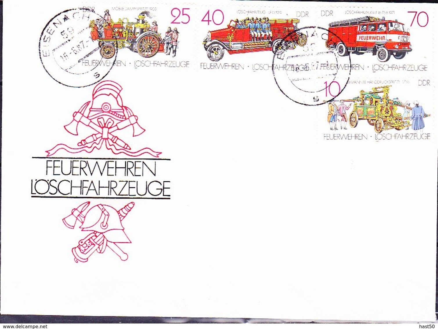 DDR GDR RDA - Löschfahrzeuge (MiNr: 3101/4) 1987 - FDC Ortsstempel Eisenach - 1981-1990