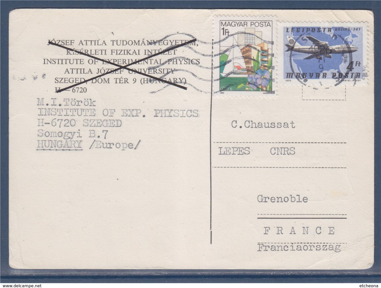 Carte 2 Timbres De Hongrie 9.VI.1986 Vers Grenoble CNRS - Briefe U. Dokumente