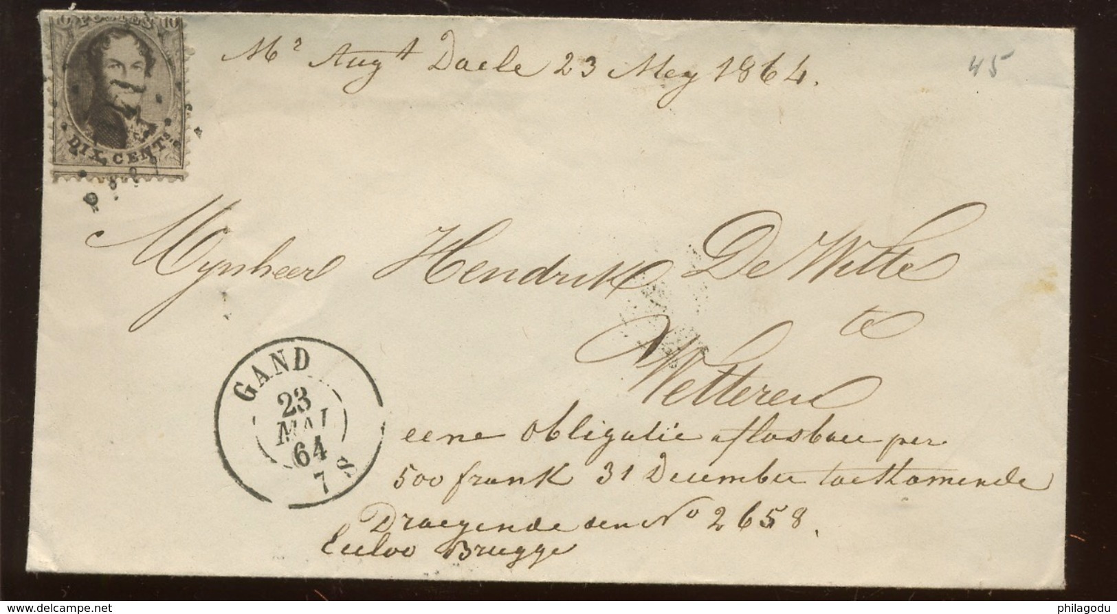 10c Sur Lettre.  GAND. 23 MAI 1864 Petite Enveloppe - 1863-1864 Medallones (13/16)