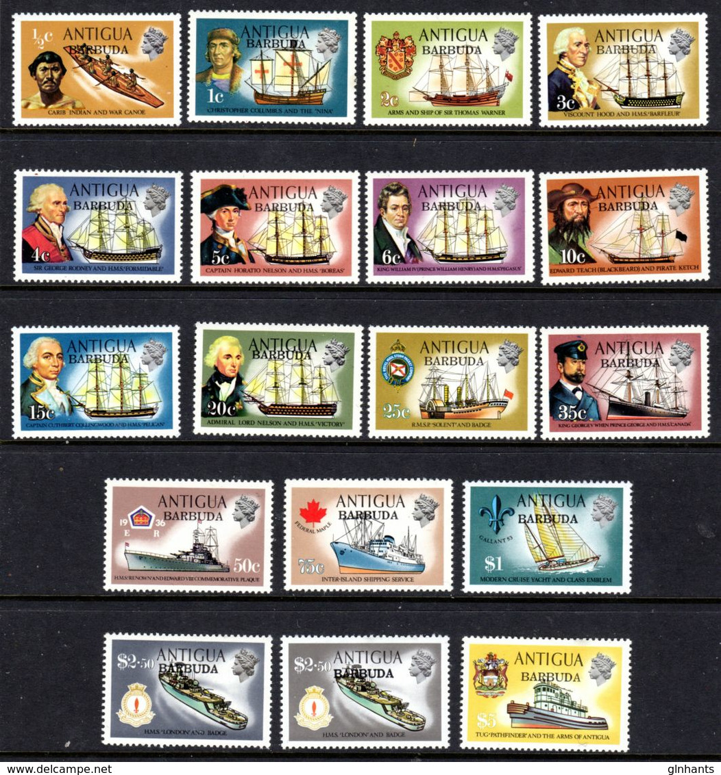 BARBUDA - 1973 SHIP DEFINITIVES COMPLETE SET (18V) WITH $2.50 WMK S/WAYS & UPRIGHT MOUNTED MINT MM * SG 104-121 - Barbuda (...-1981)