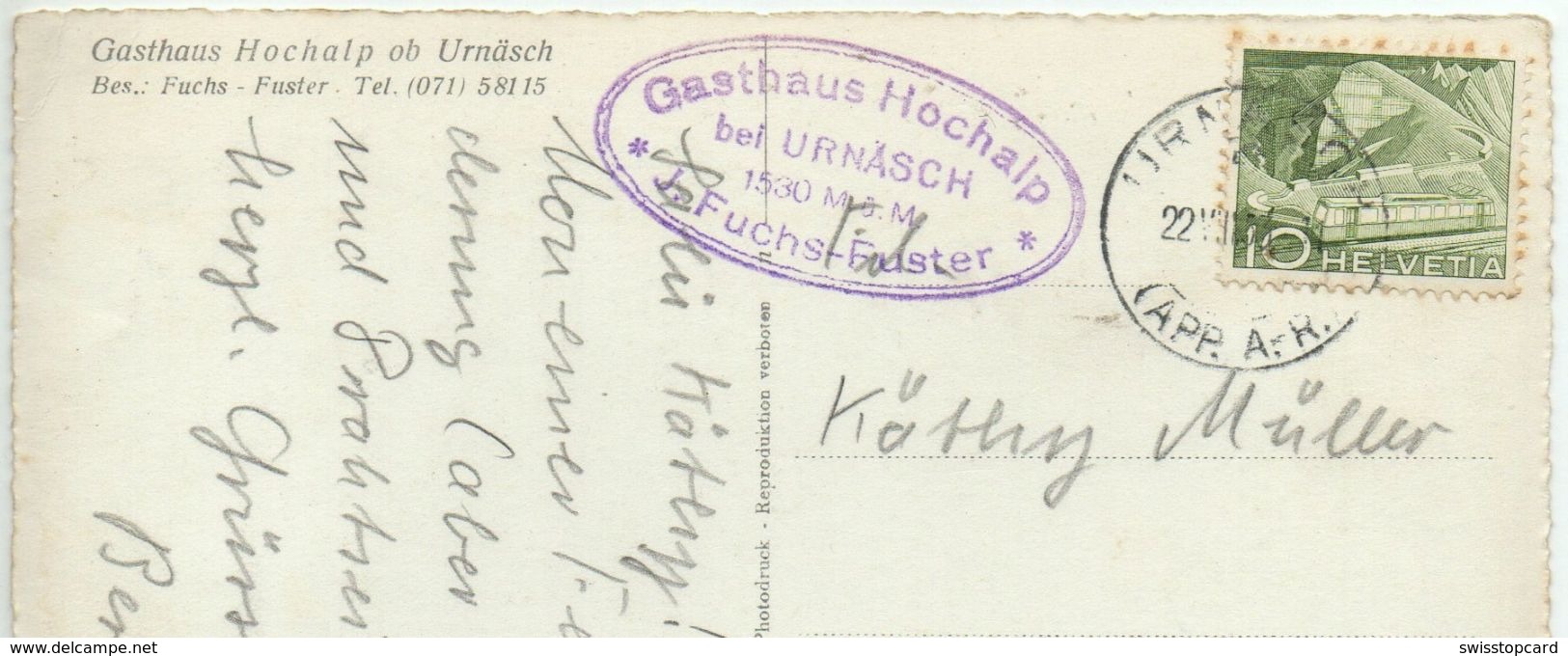 URNÄSCH Gasthaus Hochalp J. Fuchs-Fuster Stempel Gasthaus - Urnäsch