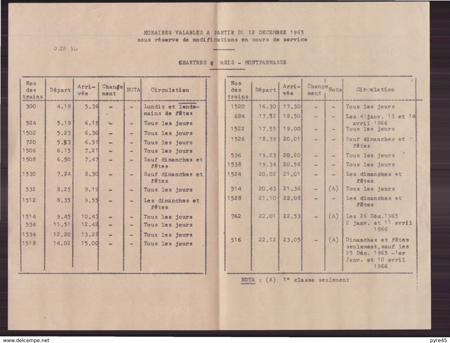 Fiche Horaire SNCF Chartres à Paris Du 12 Décembre 1965 - Other & Unclassified