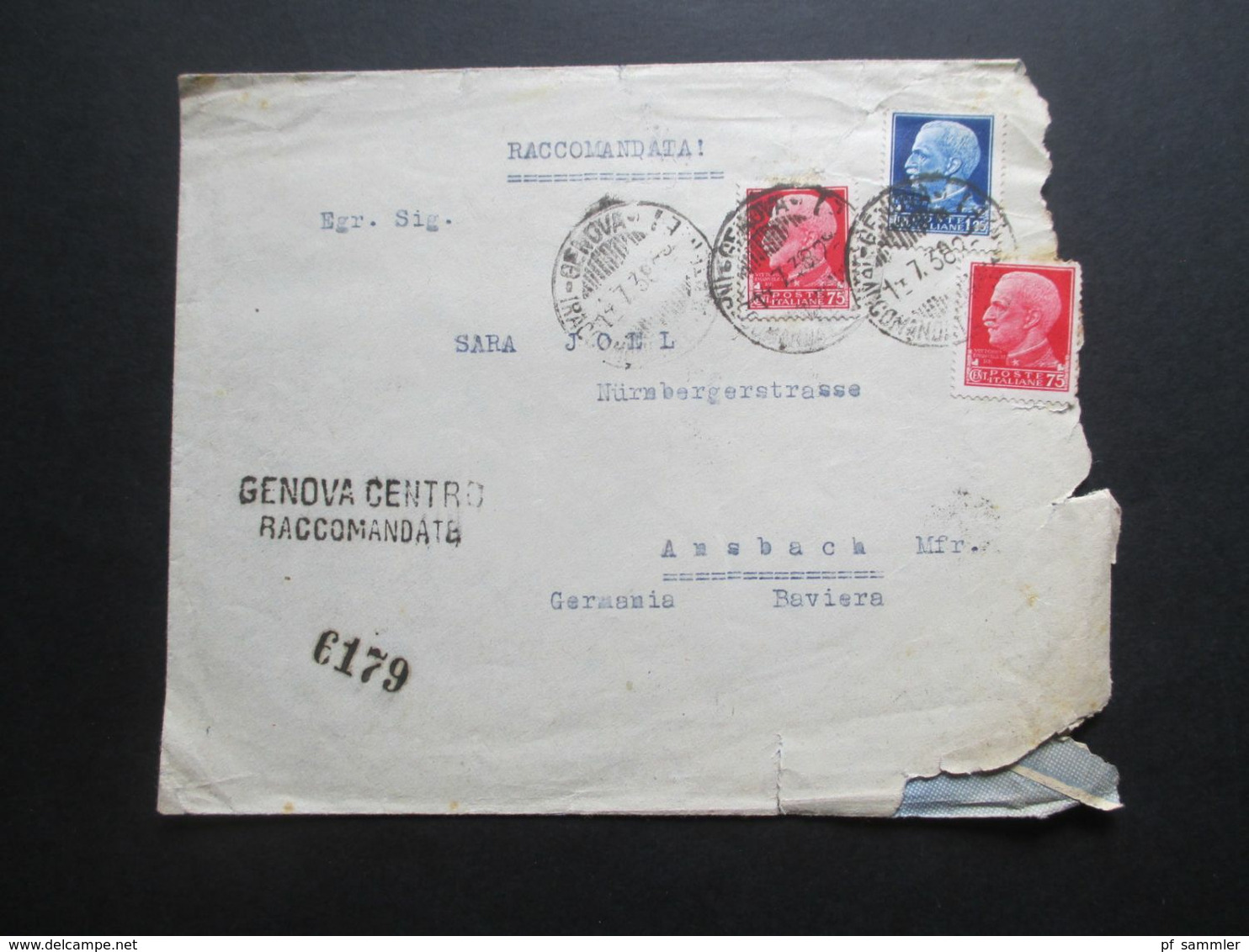 Italien 1938 Einschreiben Stempel L2 Genova Centro Raccomandate Nach Ansbach Insgesamt 8 Stempel!! - Versichert