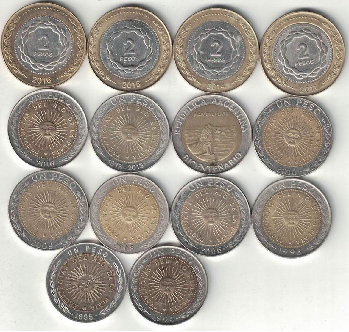 Argentina Collection 14x 1 & 2 Peso Coins 1994-2016 All Listed & Different - Argentina