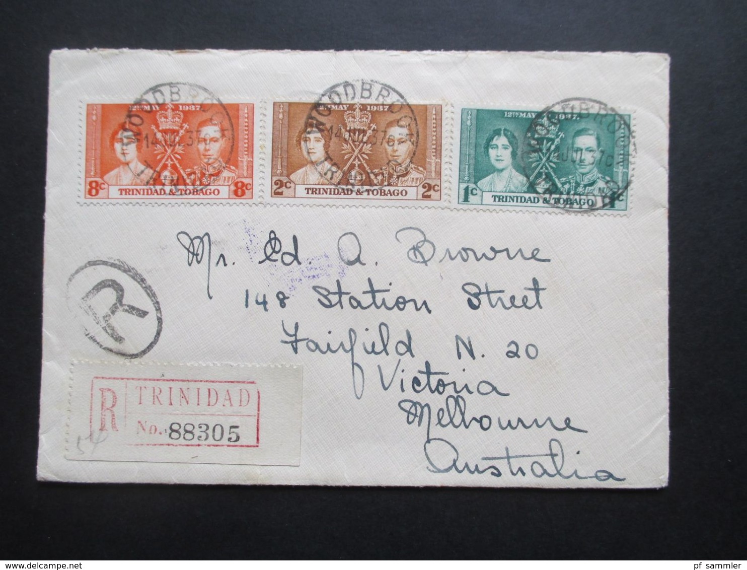 Trinidad & Tobago Coronation 1937 Einschreiben Klebezettel Registered U. Stempel Woodbrock Insgesamt 10 Stempel!! - Trindad & Tobago (...-1961)