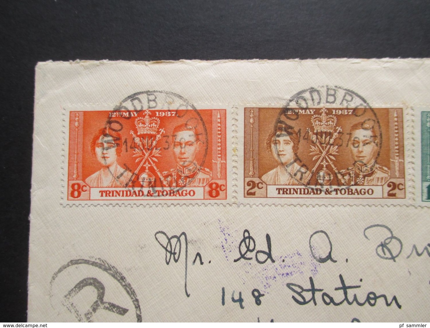 Trinidad & Tobago Coronation 1937 Einschreiben Klebezettel Registered U. Stempel Woodbrock Insgesamt 10 Stempel!! - Trinidad En Tobago (...-1961)