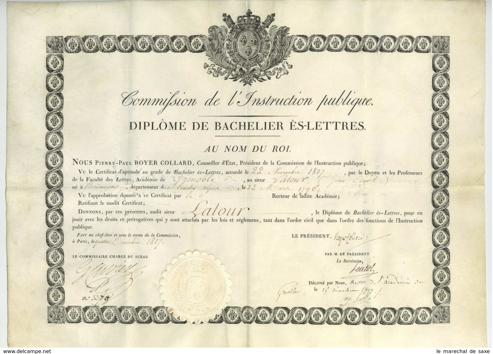 Diplome De Bachelier Es Lettres 1817 Georges CUVIER Royer-Collard Petitot Briancon Latour Grenoble - Diploma's En Schoolrapporten