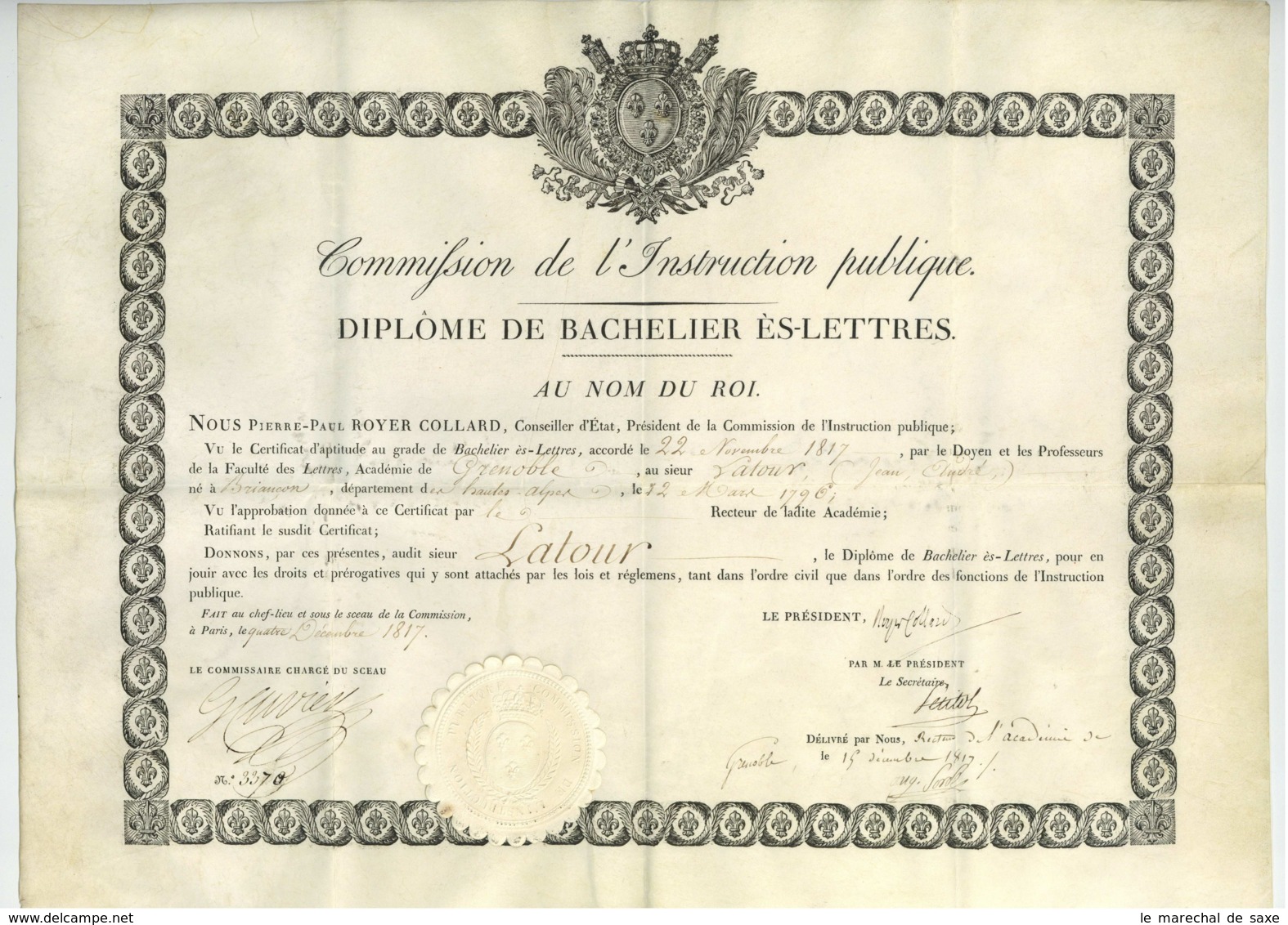 Diplome De Bachelier Es Lettres 1817 Georges CUVIER Royer-Collard Petitot Briancon Latour Grenoble - Diplômes & Bulletins Scolaires