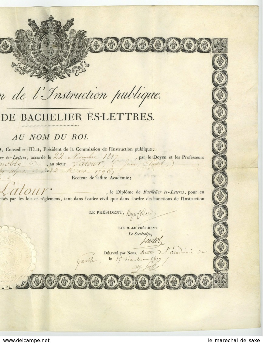 Diplome De Bachelier Es Lettres 1817 Georges CUVIER Royer-Collard Petitot Briancon Latour Grenoble - Diplomi E Pagelle