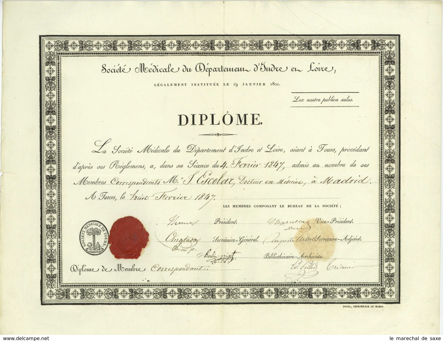 Societe Medicale Du Departement D'Indre Et Loire Diplome De Membre Associe Escolar Madrid 1847 Medecin - Diplomi E Pagelle