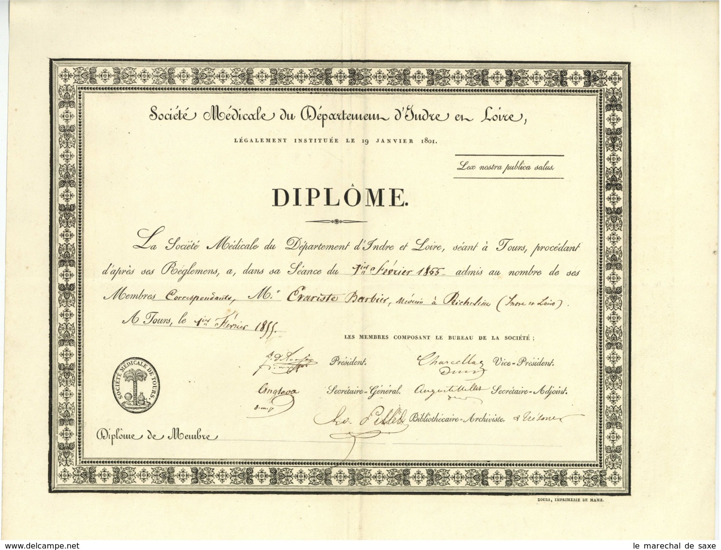 Societe Medicale Du Departement D'Indre Et Loire Diplome De Membre Associe Barbier Richelieu 1855 Medecin - Diplomi E Pagelle