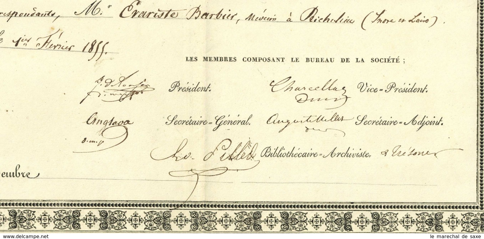 Societe Medicale Du Departement D'Indre Et Loire Diplome De Membre Associe Barbier Richelieu 1855 Medecin - Diplome Und Schulzeugnisse