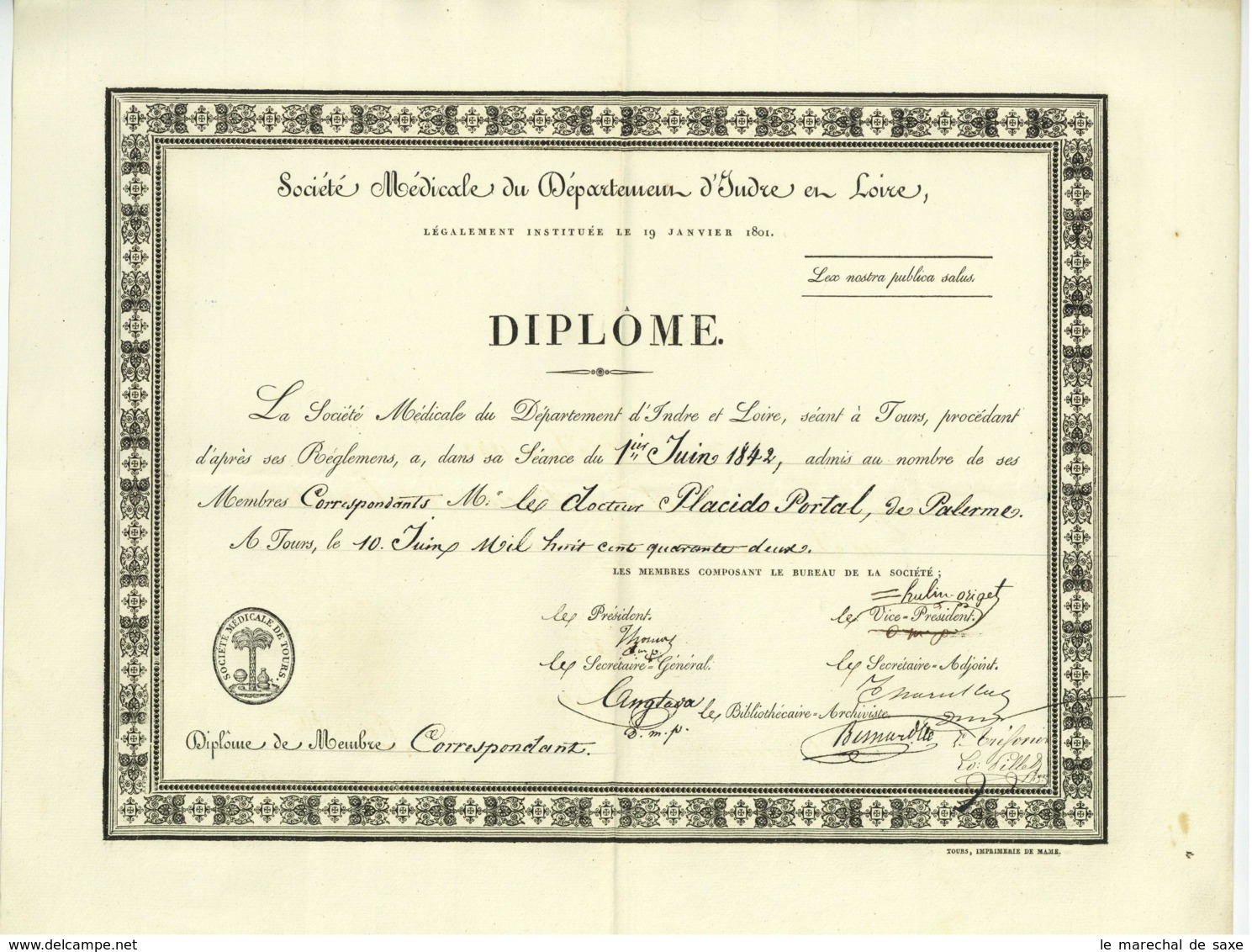 Societe Medicale Du Departement D'Indre Et Loire Diplome De Membre Associe Portal PALERMO 1842 Medecin - Diplômes & Bulletins Scolaires