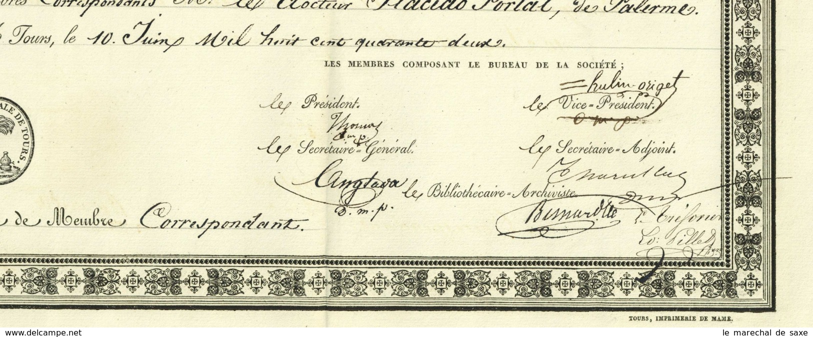 Societe Medicale Du Departement D'Indre Et Loire Diplome De Membre Associe Portal PALERMO 1842 Medecin - Diplomi E Pagelle