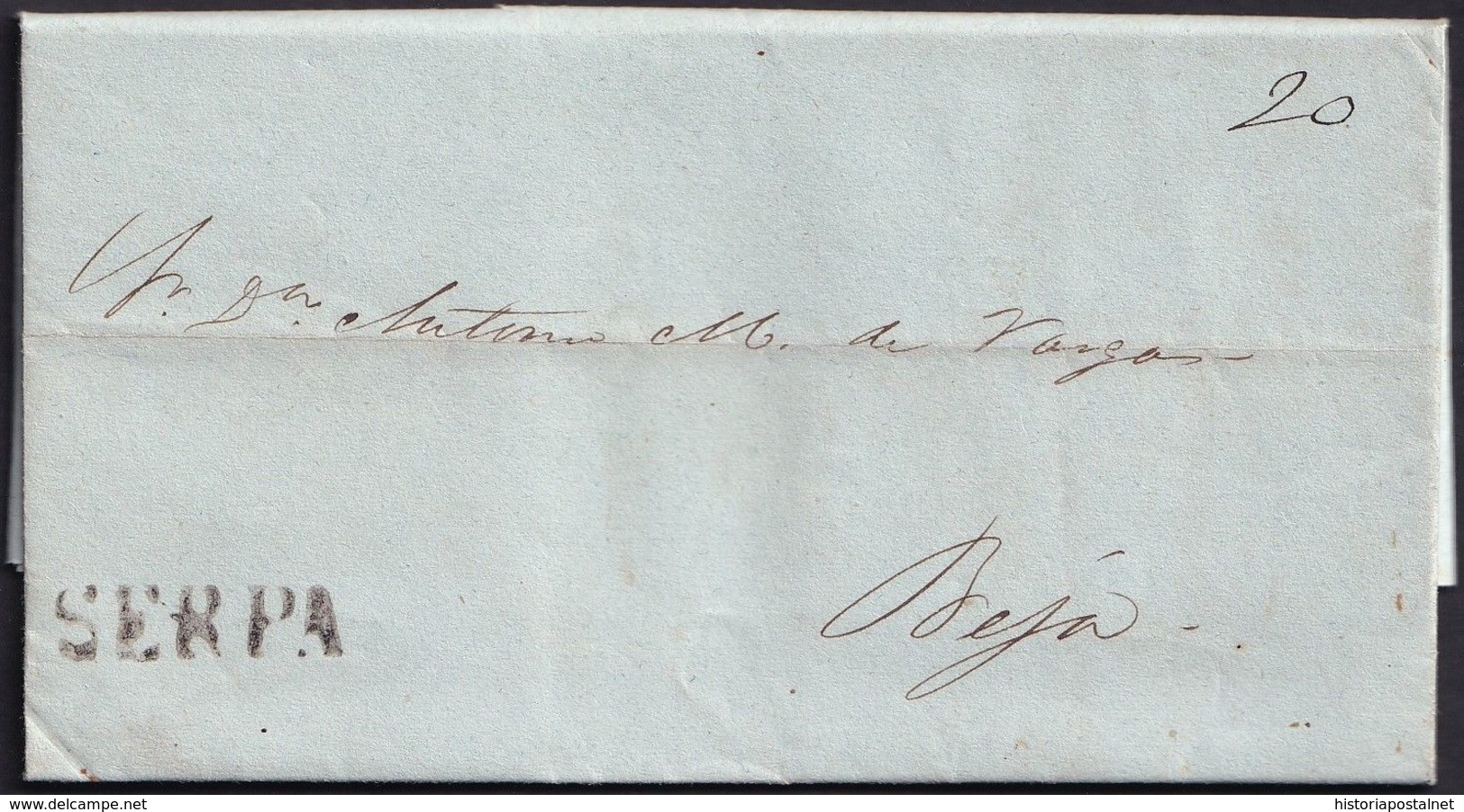 1848. ALDEA NOVA A BEJA. MARCA LINEAL SERPA EN TINTA DE ESCRIBIR. PORTEO MNS. 20 REIS. MUY BONITO EJEMPLAR. - ...-1853 Préphilatélie