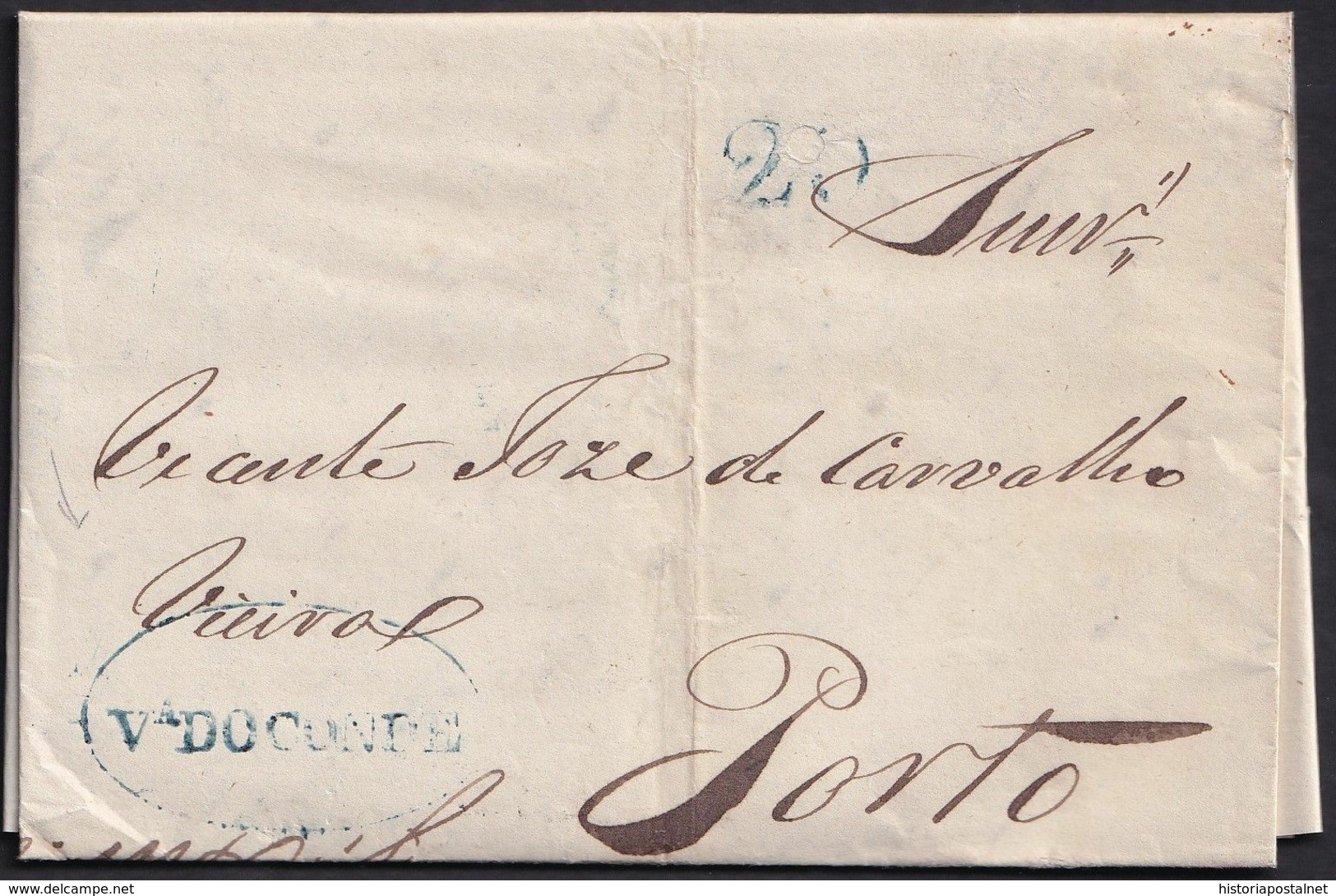 1850. VILLA DU CONDE A PORTO. MARCA VADOCONDE LINEAL RECERCADA Y PORTEO 29 REIS AZUL. BONITA CARTA COMPLETA. - ...-1853 Préphilatélie