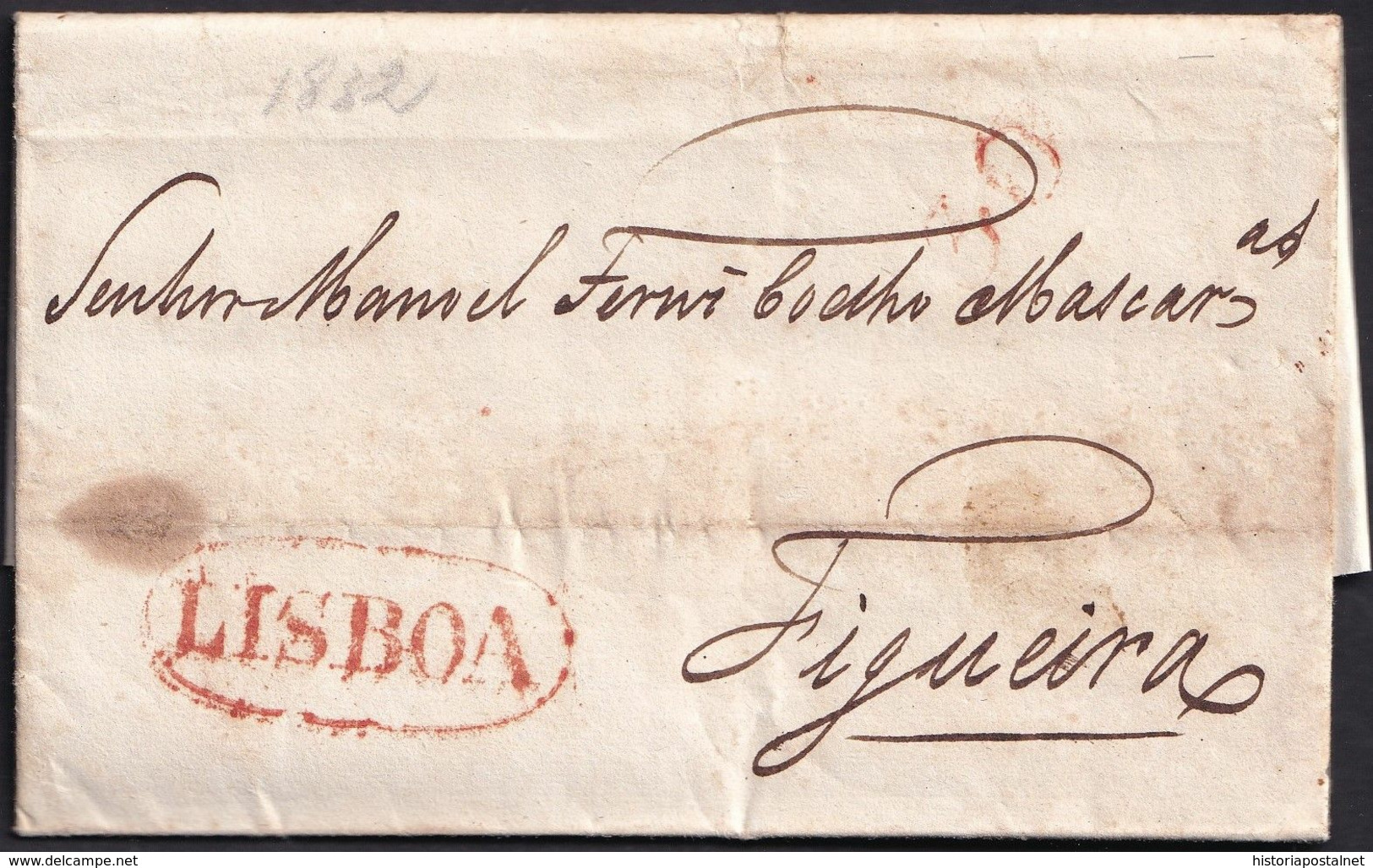 1832. LISBOA A FIGUEIRA. MARCA LISBOA RECERCADA Y PORTEO 30 REIS AMBAS EN ROJO. MUY BONITA CARTA COMPLETA. - ...-1853 Prephilately