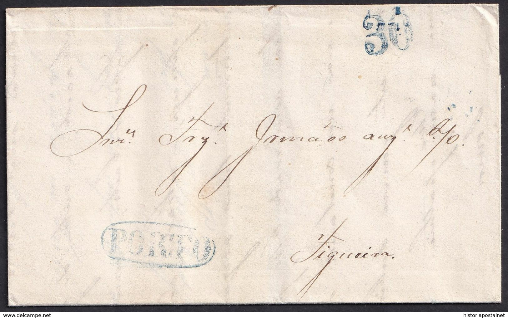 1840. PORTO A FIGUEIRA. MARCA PORTO LINEAL RECERCADA PORTEO 30 REIS, AMBOS AZUL INTENSO TIPO GRANDE. BONITA. - ...-1853 Prephilately