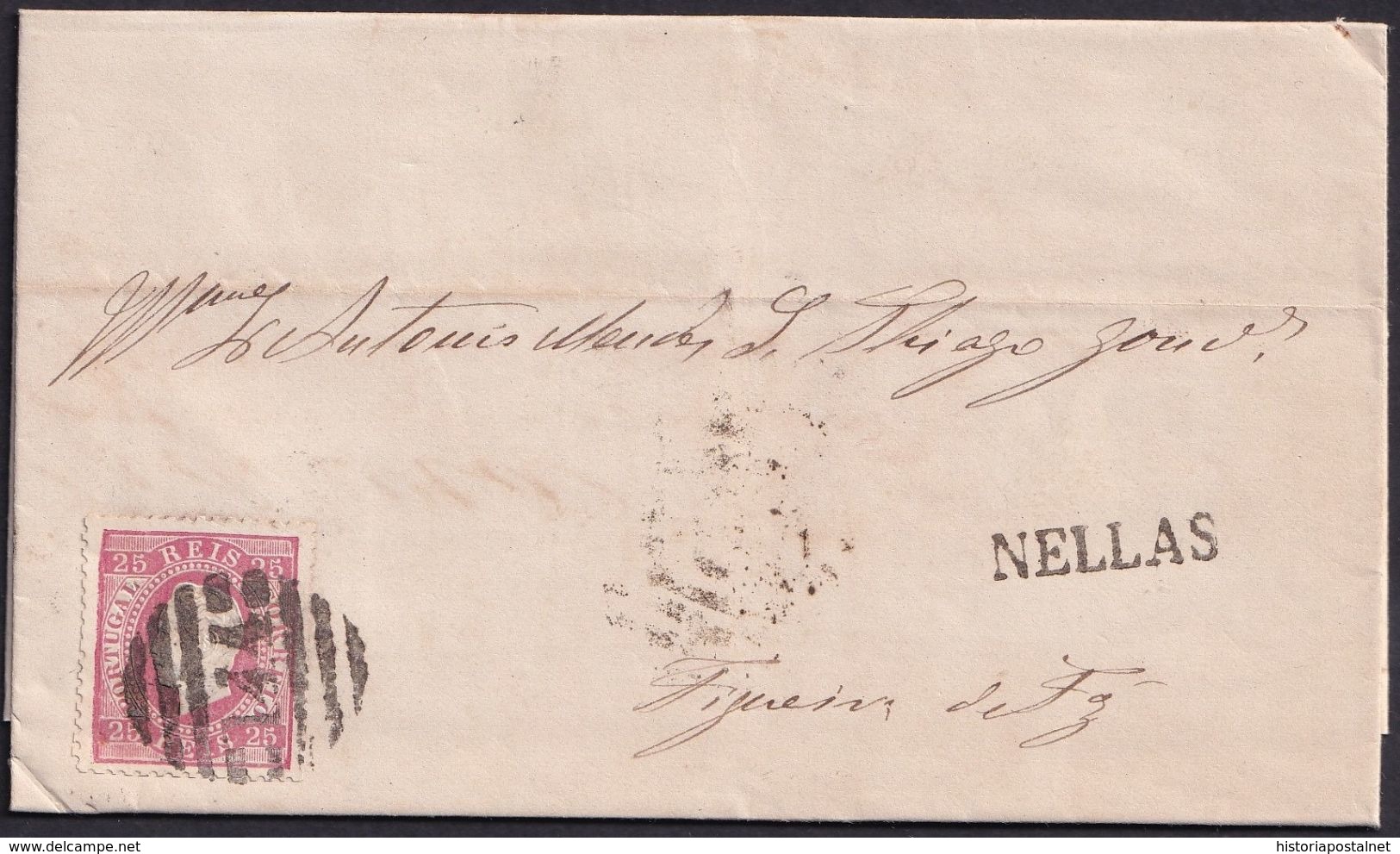 1874. NELLAS A FIGUEIRA. 25 REIS ROJO MAT. NUMERAL 144 MARCA LINEAL TIPO PREF. NELLAS EN NEGRO. PRECIOSA. COMPLETA. - ...-1853 Prefilatelia