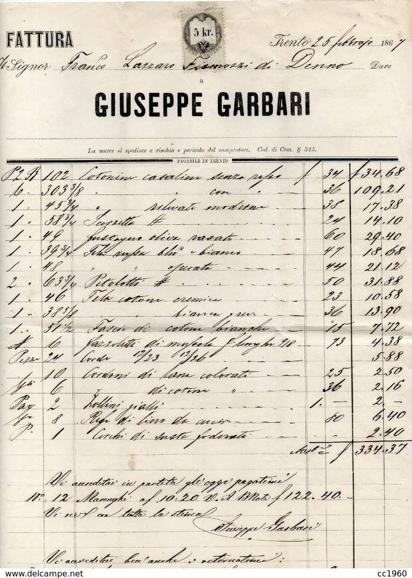 Trento - 25.2.1867 - Fattura Della Ditta Giuseppe Garbari - Con Marca Da Bollo Da 5  Kr. - (FDC23057) - Italy